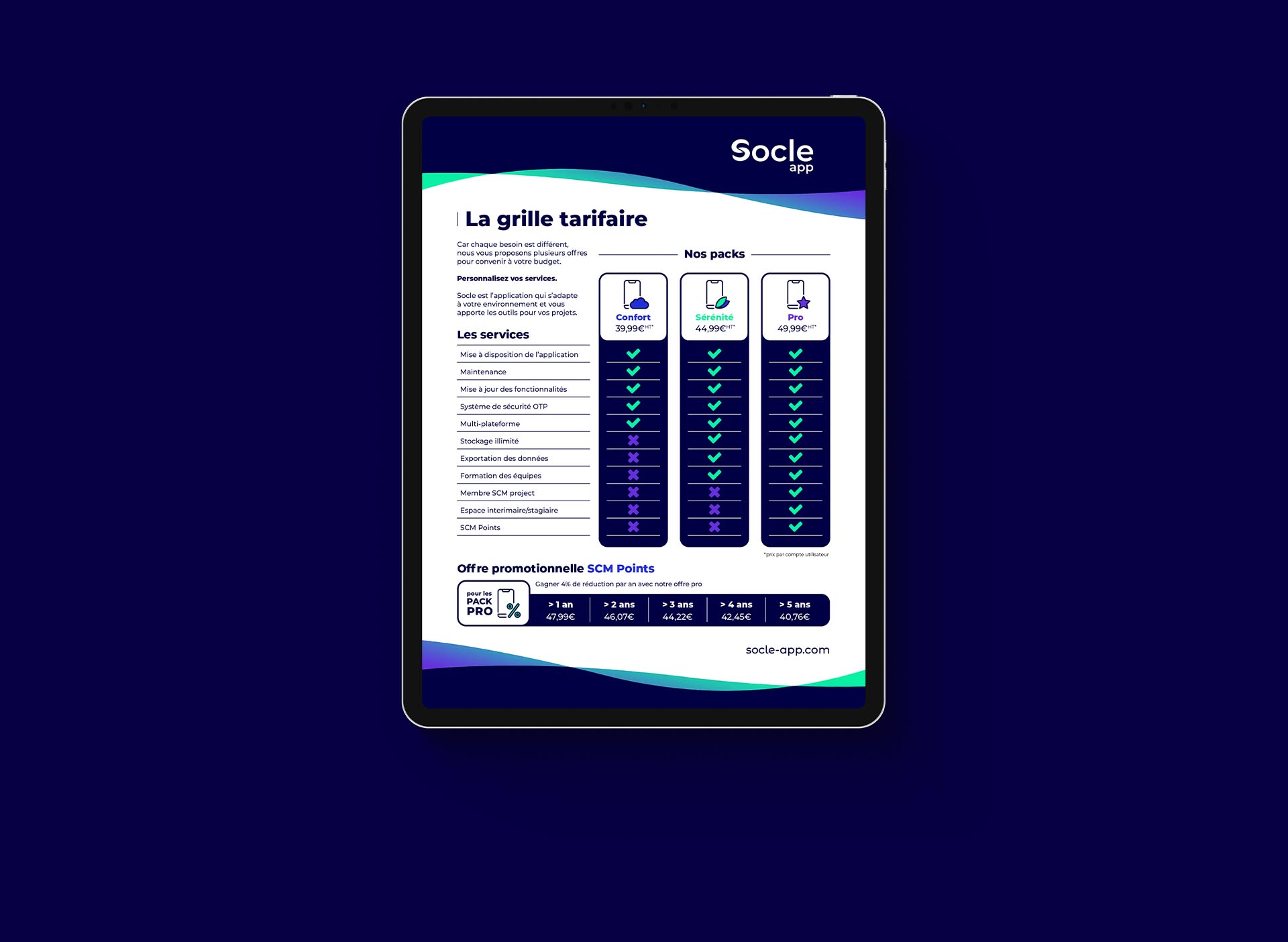 Création de la communication des tarifs de Socle App créer par Axel Mary
